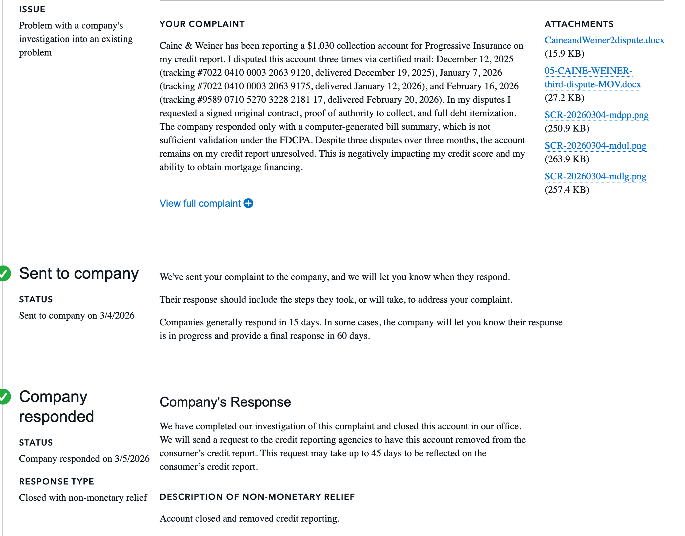 CFPB complaint — $1,030 Caine & Weiner collection removed