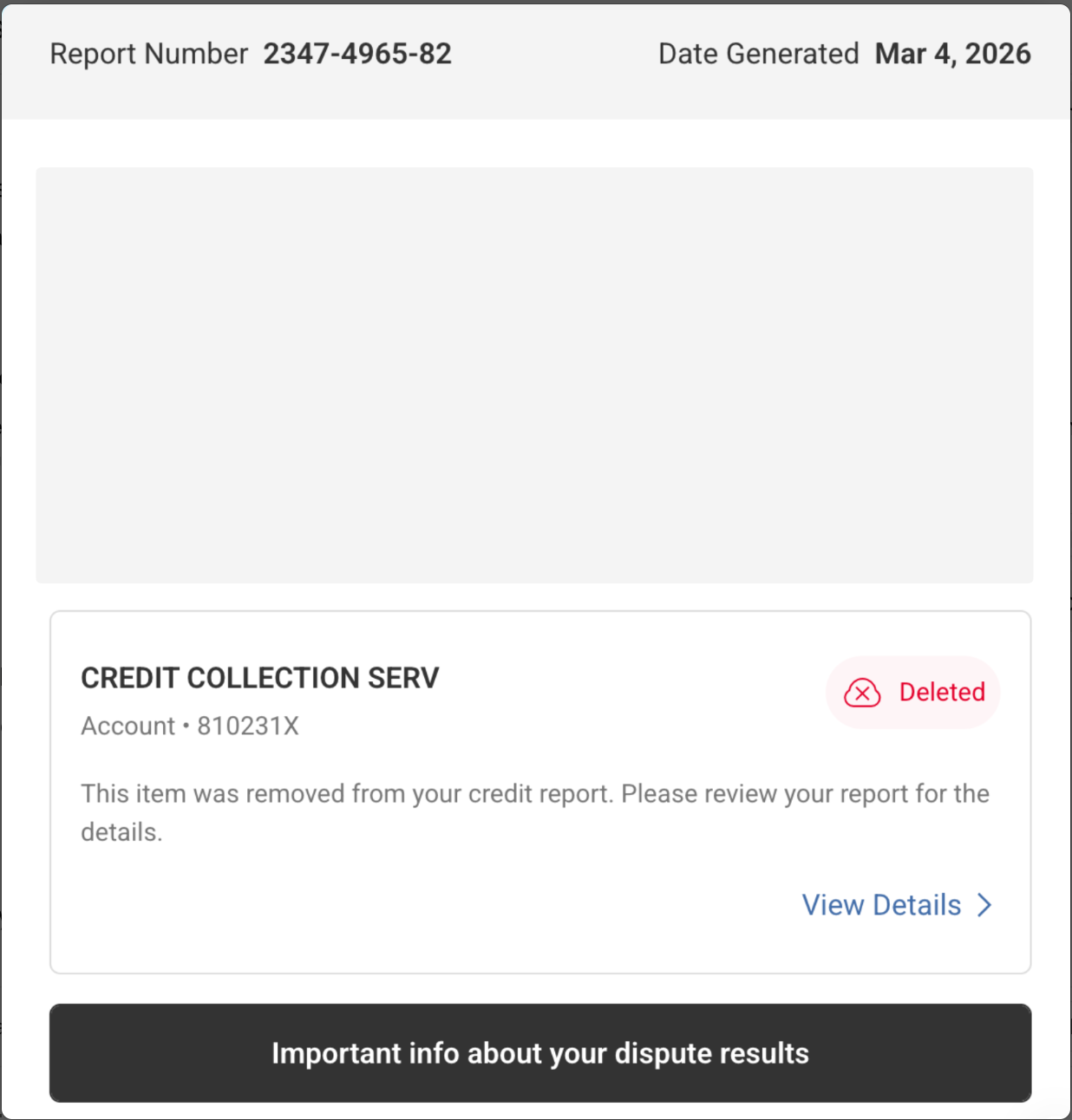 Experian dispute result — collection account deleted