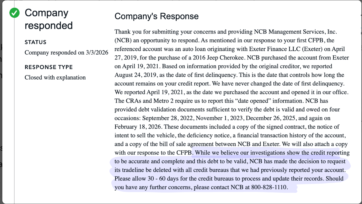 CFPB complaint — $14,000 repossession deleted from all credit bureaus