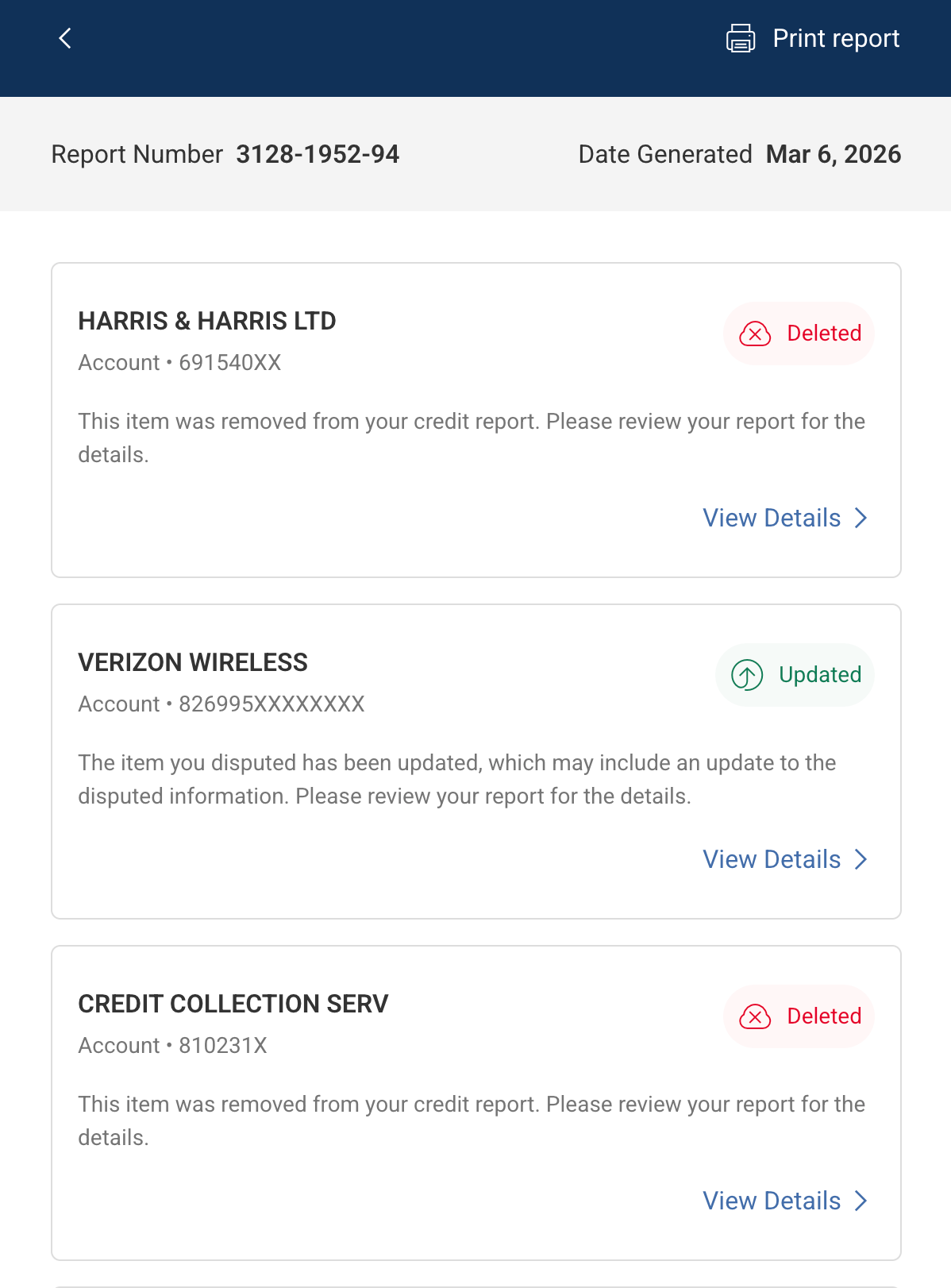Credit report update showing deleted and updated disputed accounts