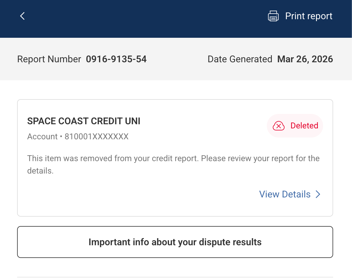 March 26, 2026 dispute result showing a Space Coast Credit Union account marked deleted
