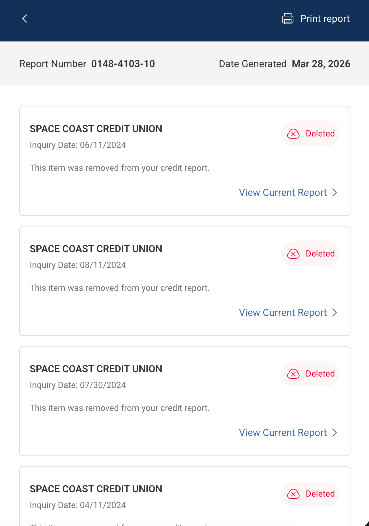 March 28, 2026 report showing multiple Space Coast Credit Union inquiries marked deleted