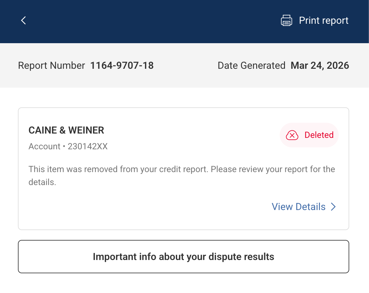 March 24, 2026 dispute result showing a Caine and Weiner account marked deleted